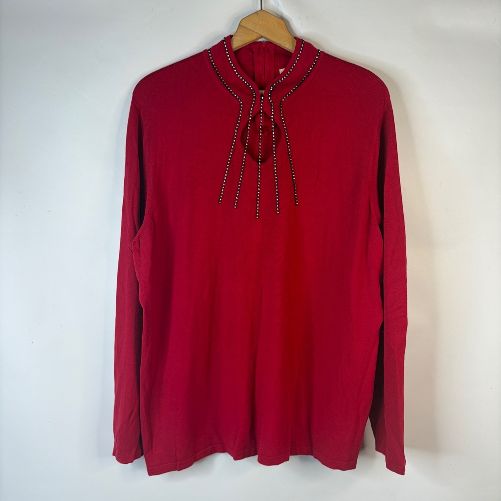 Reba Woman Knit Top Womens 2X Red Rhinestone Keyhole Mock Neck Long Sleeve